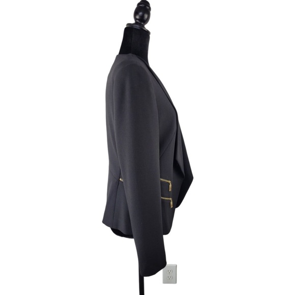 ANNE KLEIN BLACK CREPE GOLD ZIPPERS OPEN FRONT MOD STYLE JACKET COAT size S - Picture 12 of 13